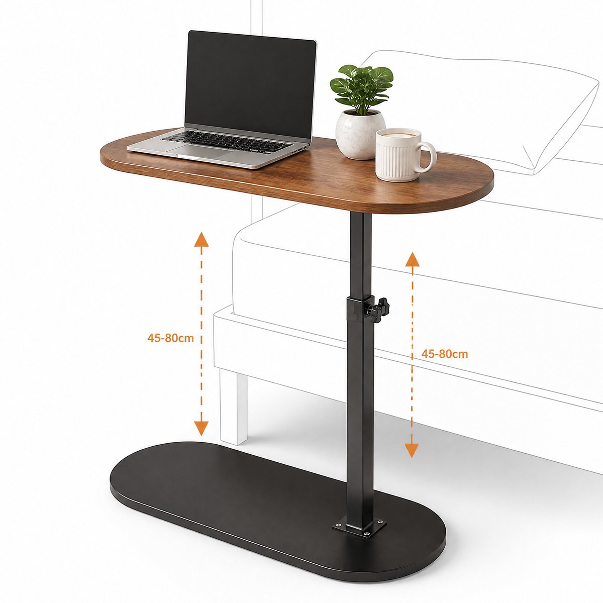 Set van 2 verstelbare bijzettafels - Laptoptafels en bedtafels voor bank en bed - 360 graden draaibaar - Walnoot houtlook en zwart metaal - 45 x 30 cm