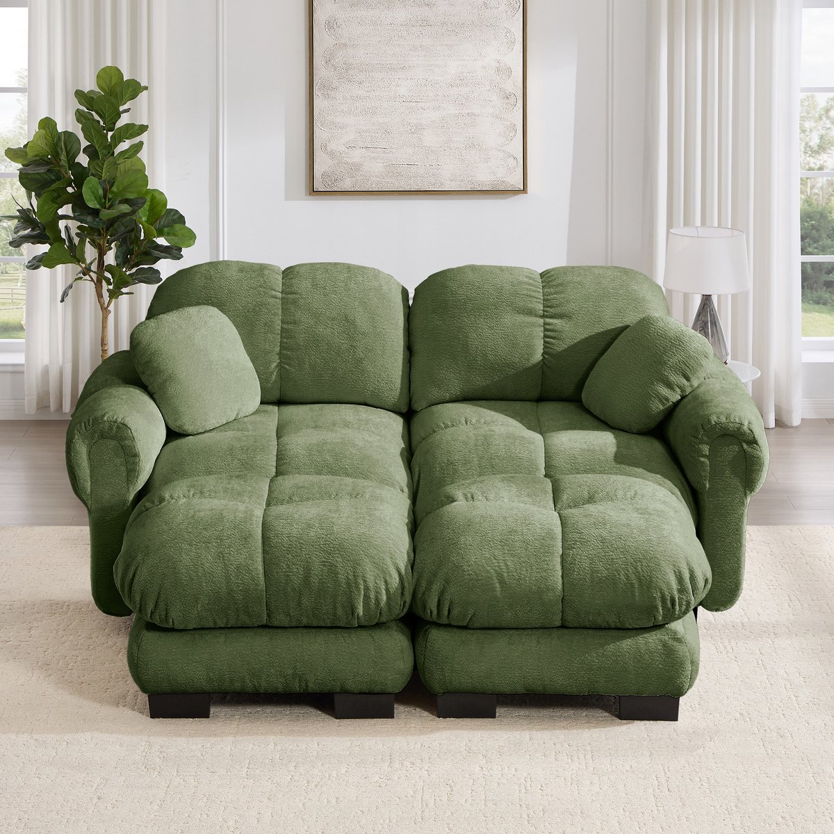 Intebiki 2-zits Hoekbank - Chenille stof - fauteuil - Modulaire U-vormige bank - Geen montage nodig - inclusief 2 poef - groen