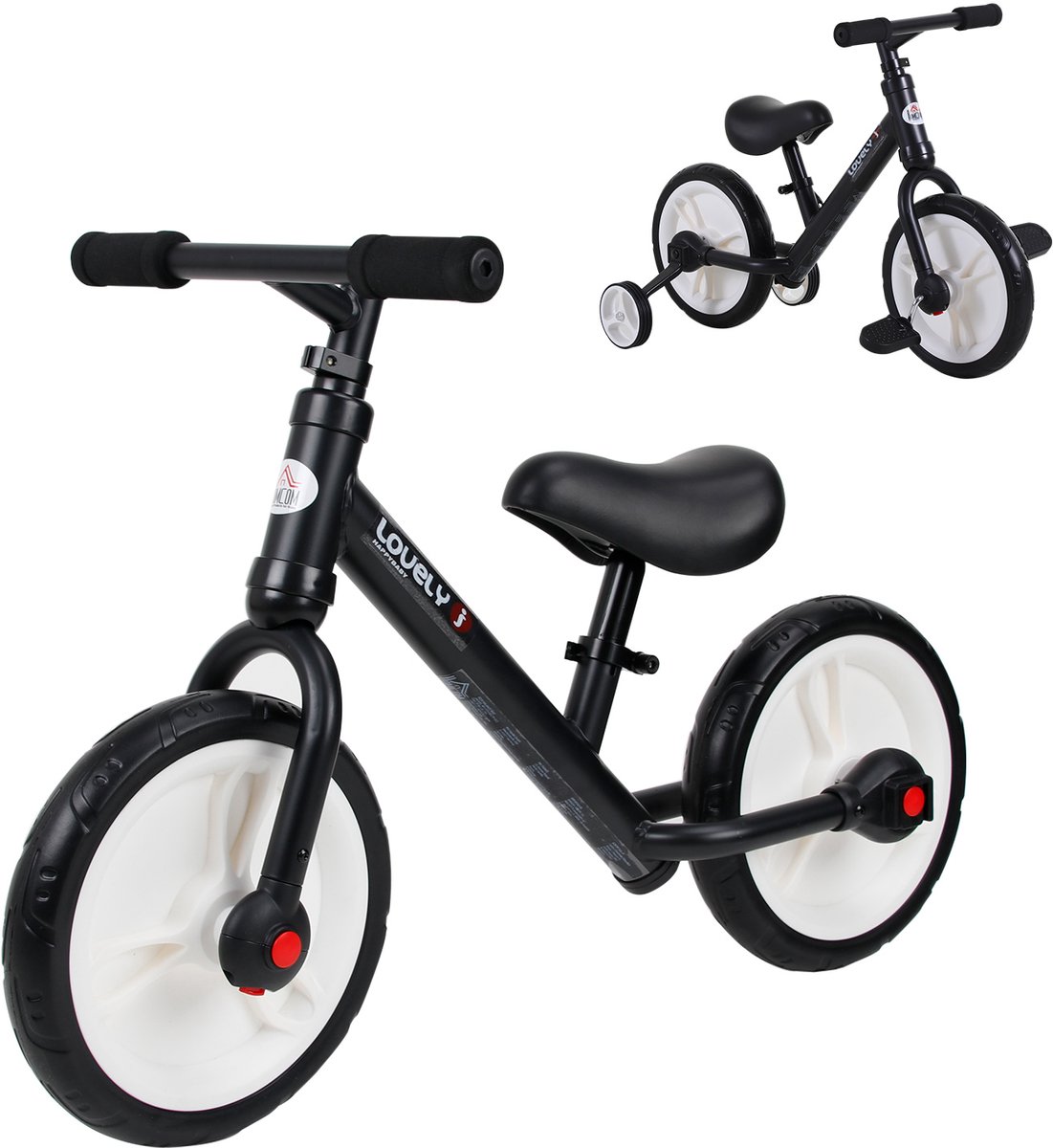 1 stuk - 2-in-1 balanceerwagen voor kinderen - met afneembare hulpwielen en voetpedalen - 12 inch wielen - verstelbare zetelhoogte - geschikt voor kinderen van 2-5 jaar - zwart stalen frame