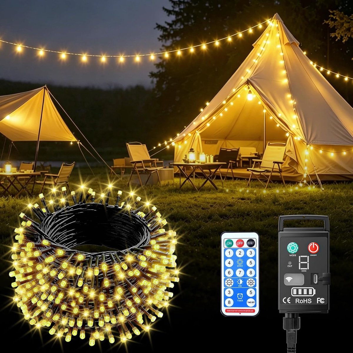 Led-lichtsnoer voor buiten, batterij, 10 m, 100 leds, warmwit, voor binnen en buiten, USB-oplaadbaar, 8 modi, met timer en afstandsbediening, waterdicht, voor balkon, Kerstmis