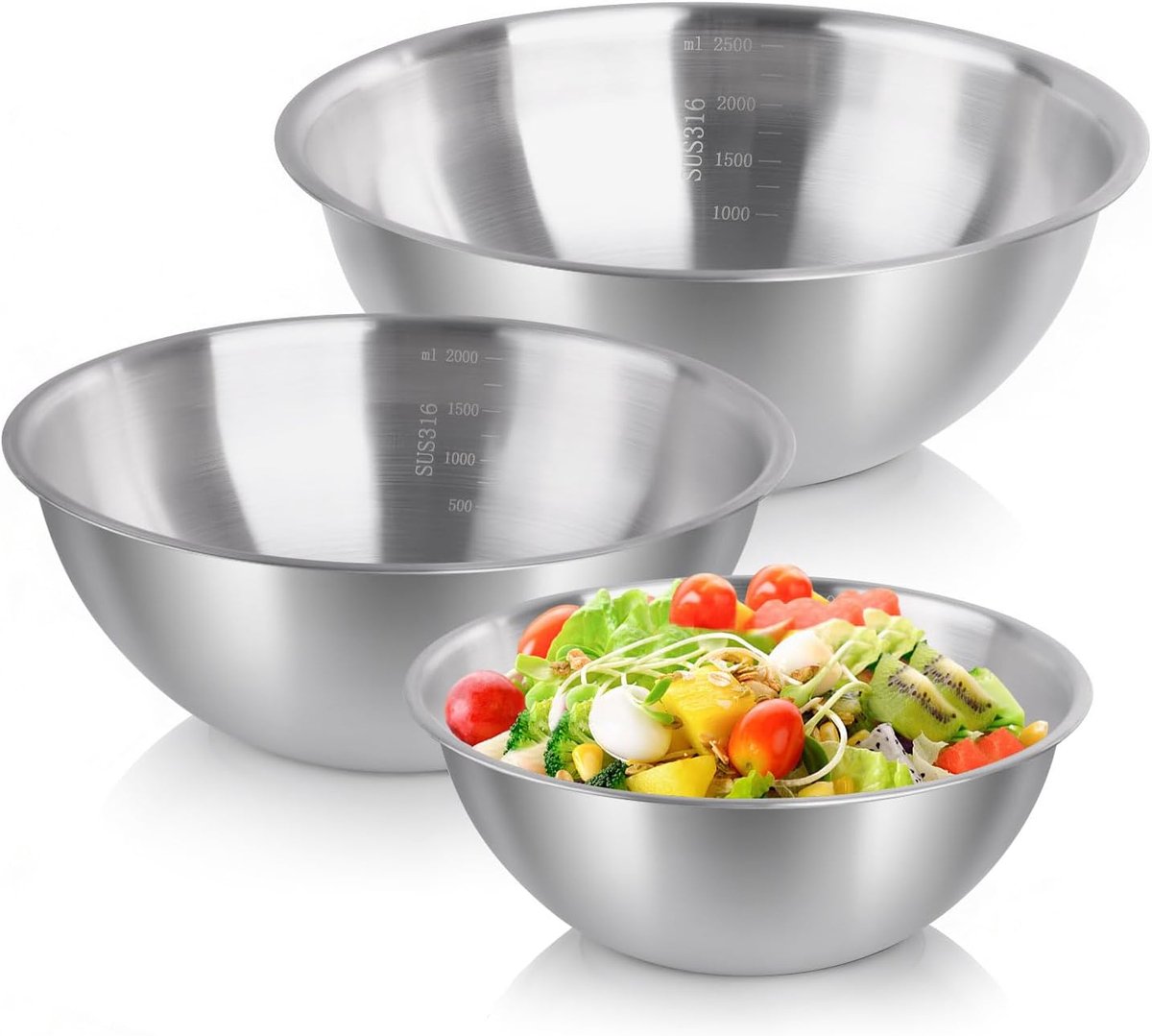 3 Packs 2.64/2.11/1.27 Qt RVS mengkom set met meetmarkeringen, stapelbare metalen nestkommen voor bakken koken serveren meten opslag keuken (zilver)