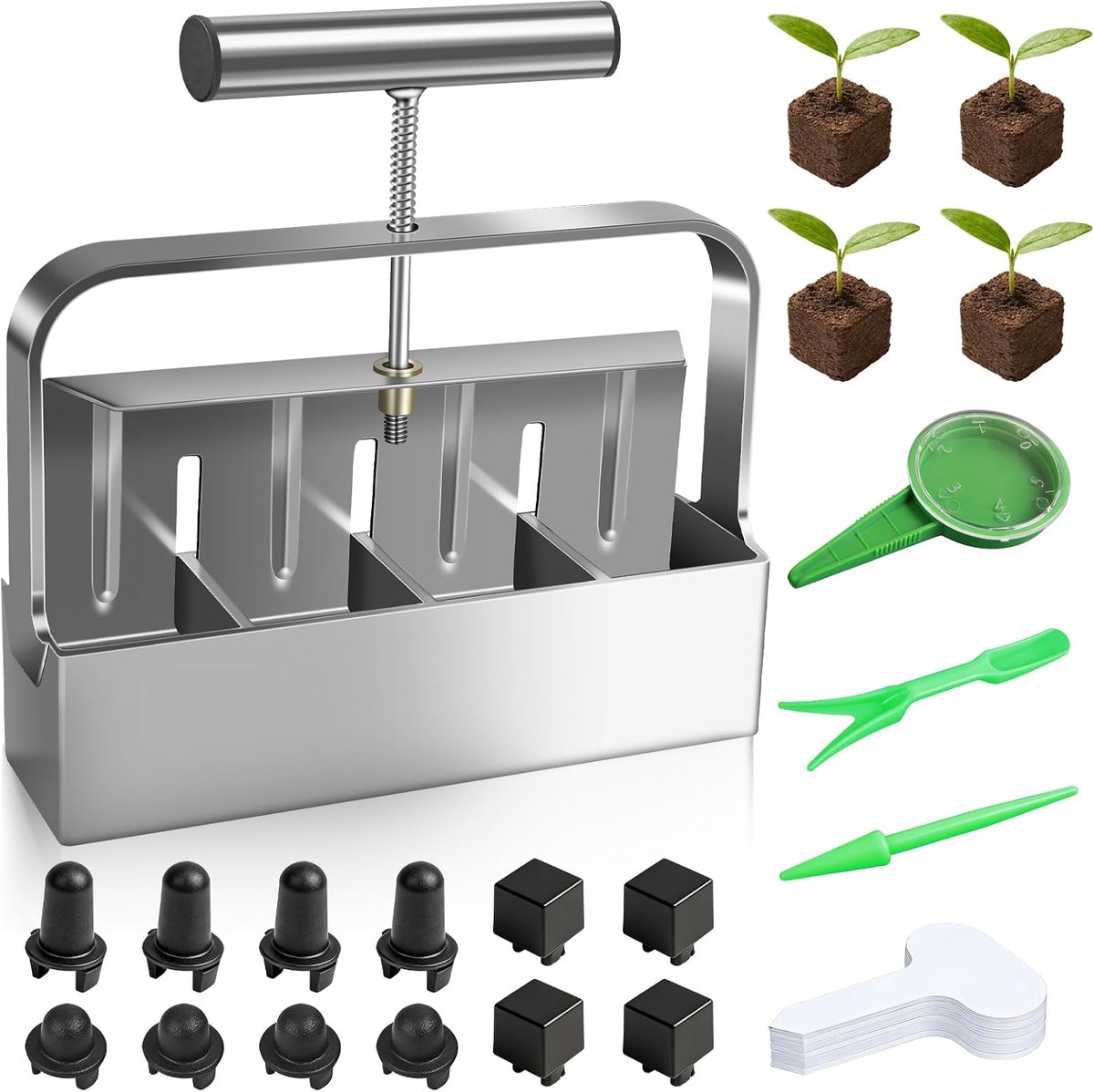 5 x 5 cm, handmatige bodemblokker met zaaihulp, aluminiumlegering, grondpotpers, handbediende potpers voor planten, kweken, broeikas (4 cellen)