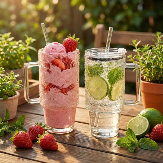 2 stuks 730 ml glazen beker met rietje en deksel - herbruikbare ijskoffie beker met handvat en kopborstel smoothie glas matcha drinkbeker voor ijs koffie sap drinken melk thee cocktail bruiloft — afbeelding 2
