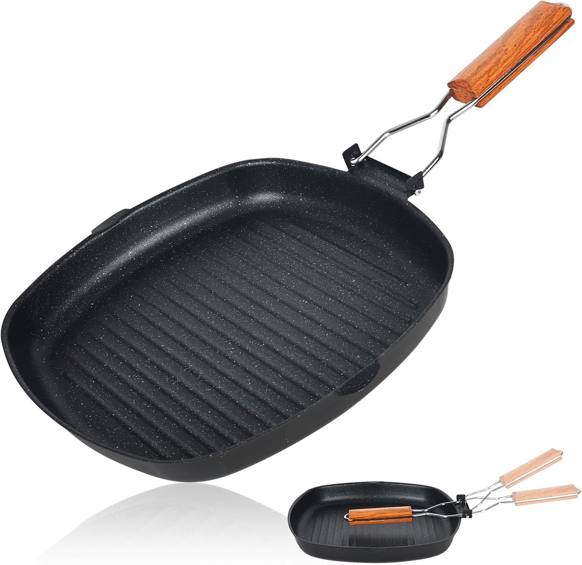 Grillpan 28 x 28 cm Steakpan Gietijzeren Grillpan Anti-aanbak Grillpan met Opklapbaar Handvat Vierkante Grillpan Koekenpan voor Vlees en Koken