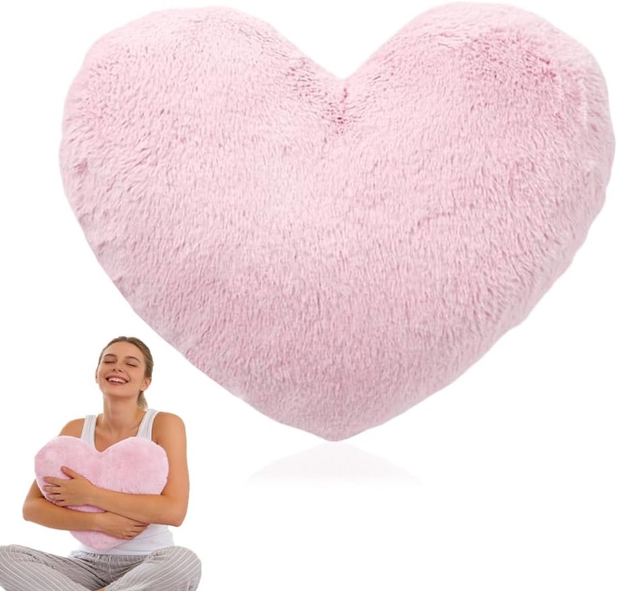 kussen, roze hartvormig kussen, knuffelkussen, 46 x 36 cm, pluche kisen, zachte decoratie, hartkussen van pluche, liefde, sierkussen, decoratief kussen voor woonkamer, bank
