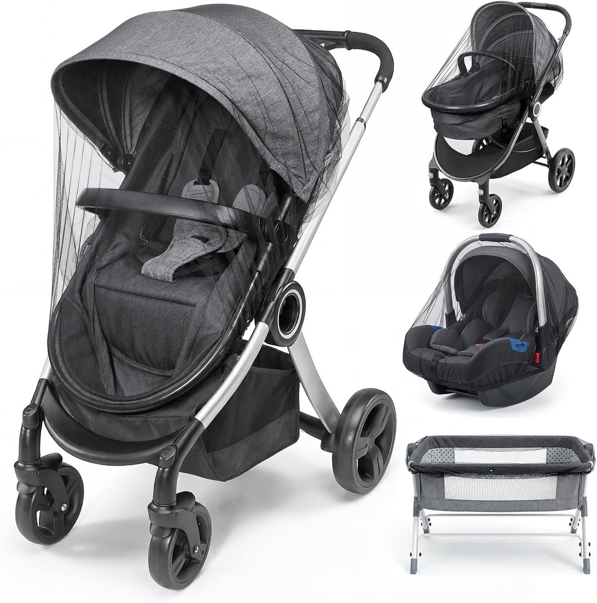 Set van 2 universele muggennetten voor kinderwagens met elastische rand, scheurbestendig polyesternet, ademend en robuust, bescherming tegen insecten, eenvoudig te installeren en op te bergen, zwart