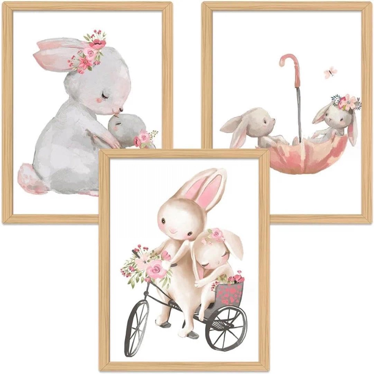 Set van 3 foto's: meisjes, kinderkamerdecoratie, dierenposter, babykamer decoratie jongen, kinderfoto's zonder lijst