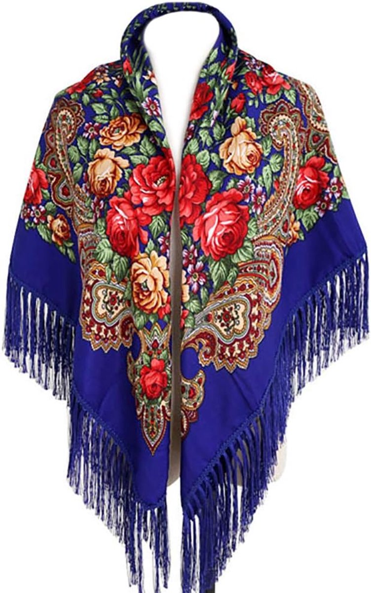 Traditionele sjaal voor dames, omslagdoek, kwastje, sjaal, franjes, nek, hoofd, sjaal, retro sjaal, bloemenponcho