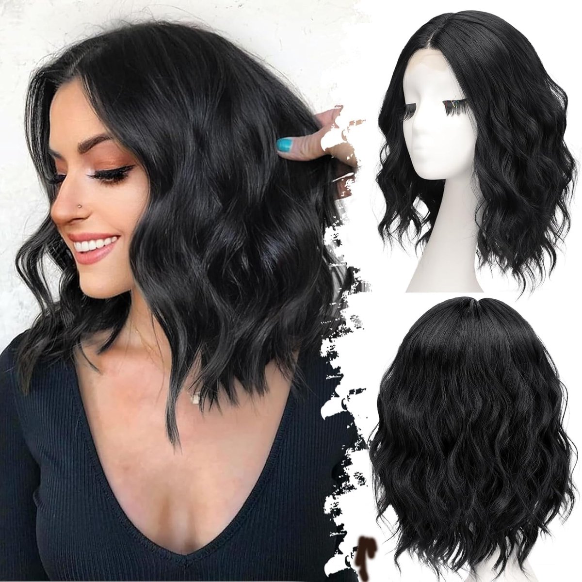 Natuurlijke kanten haarlijn korte zwarte pruik Bob golvende synthetische haar pruiken voor vrouwen realistisch 12 inch