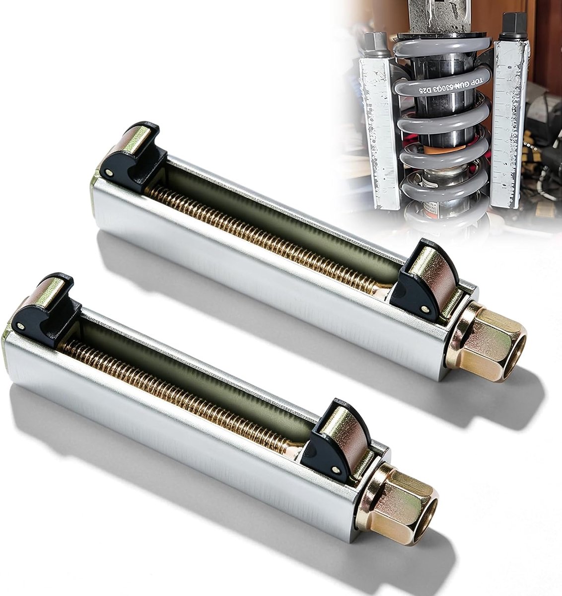 2 stuks motorfiets veerspanner gereedschap: veerspanner motorfiets van 45# staal, veerspanner auto spanwijdte tot 105 mm, 3/8 inch vierkante aandrijving motorfiets schokdemper
