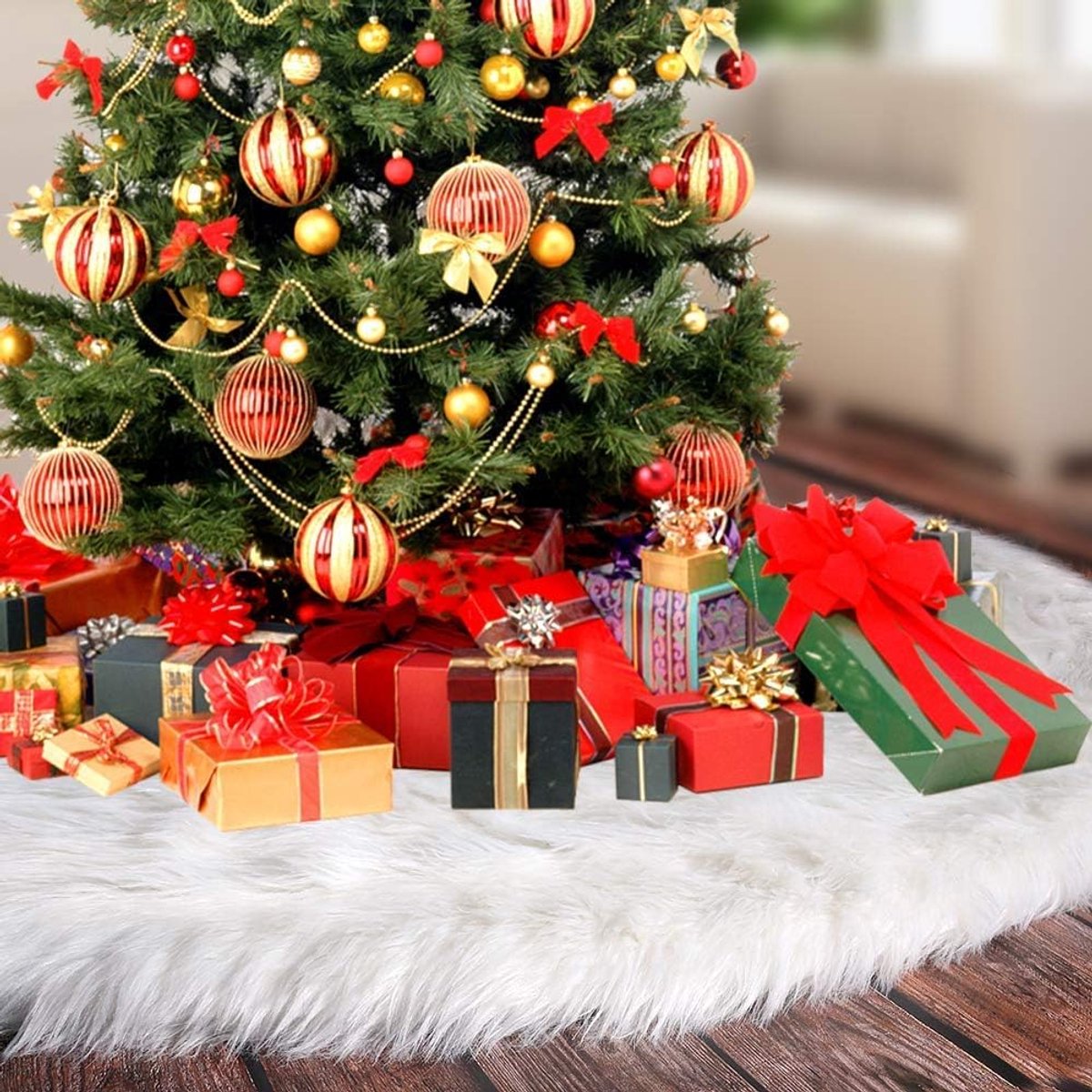 Árbol de Navidad Faldas, Imitación Piel Grande Peluche Blanco Base Redonda Tapete Navidad Decoración para Su Árbol de Navidad - Se Adapta a Cualquier Tamaño Árbol - White-36inch