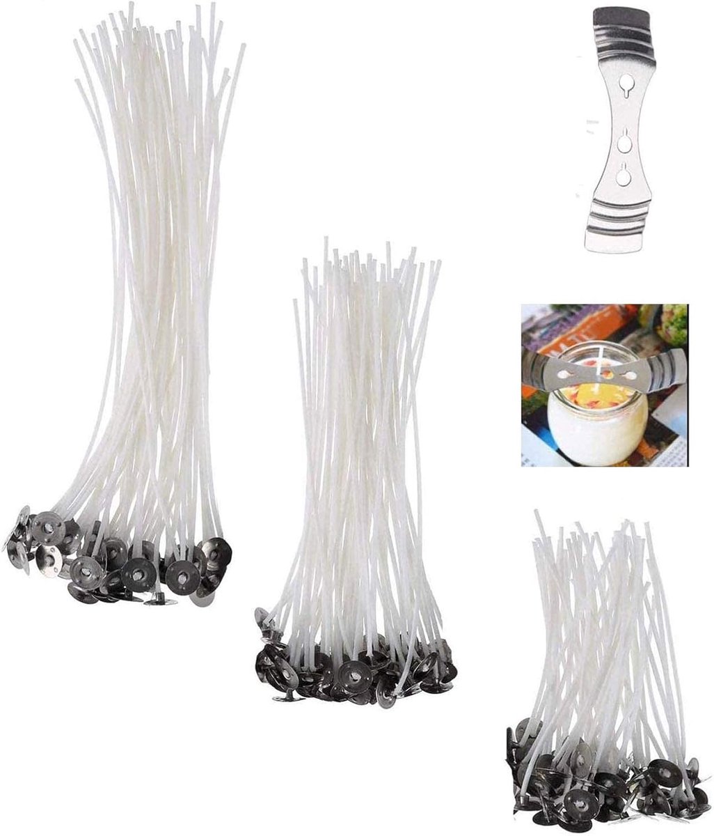 Lonten, kaarsenfabricage, accessoires, kaarsenlont, gewaxt, platte lont, met 1 wieken vaste houder, lichtwiel, doe-het-zelf, 20 cm/15 cm/9 cm