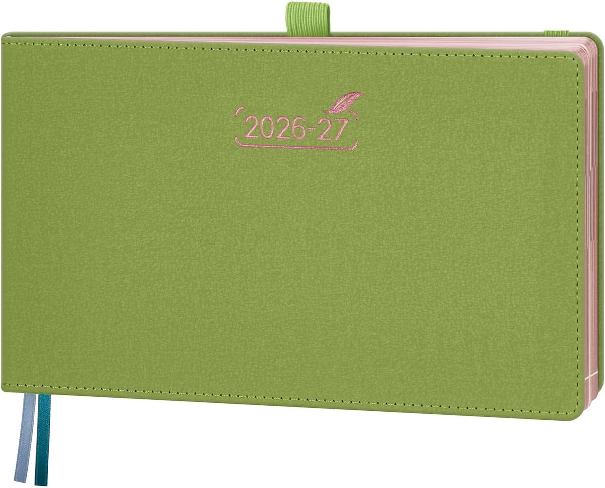 Kalender 2026 2027 Boek Kalender Liggend 23 x 14 cm(Juli 26 - Dec 27), Verticale Weekplanner 1 Week 2 Pagina's, Boekkalender PU Lederen Hardcover me Rose Gold Papierrand, Mosterd