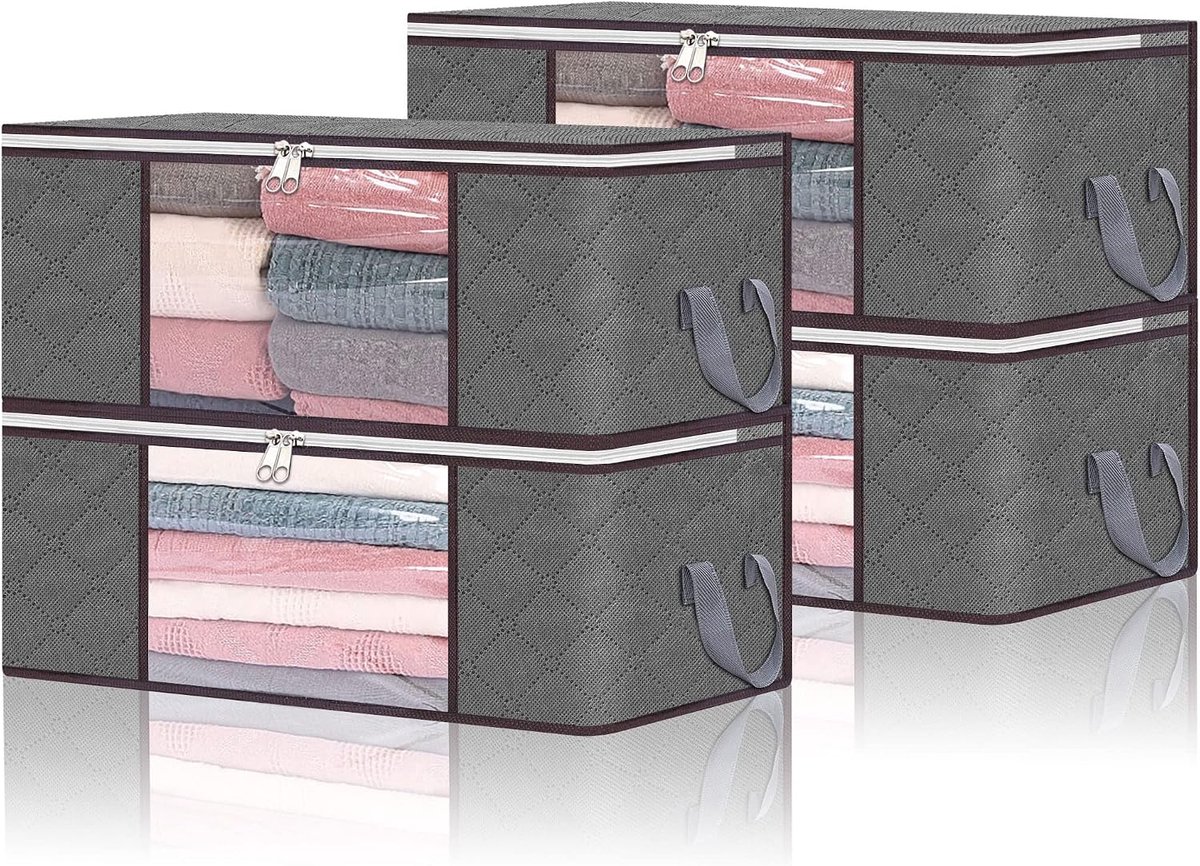 4 stuks Opvouwbare opbergtas 35L met doorzichtige ramen, draaggrepen, onderbed, ideaal voor dekbedden, dekens, kussens, pluche dieren, jassen, kleding, grijs