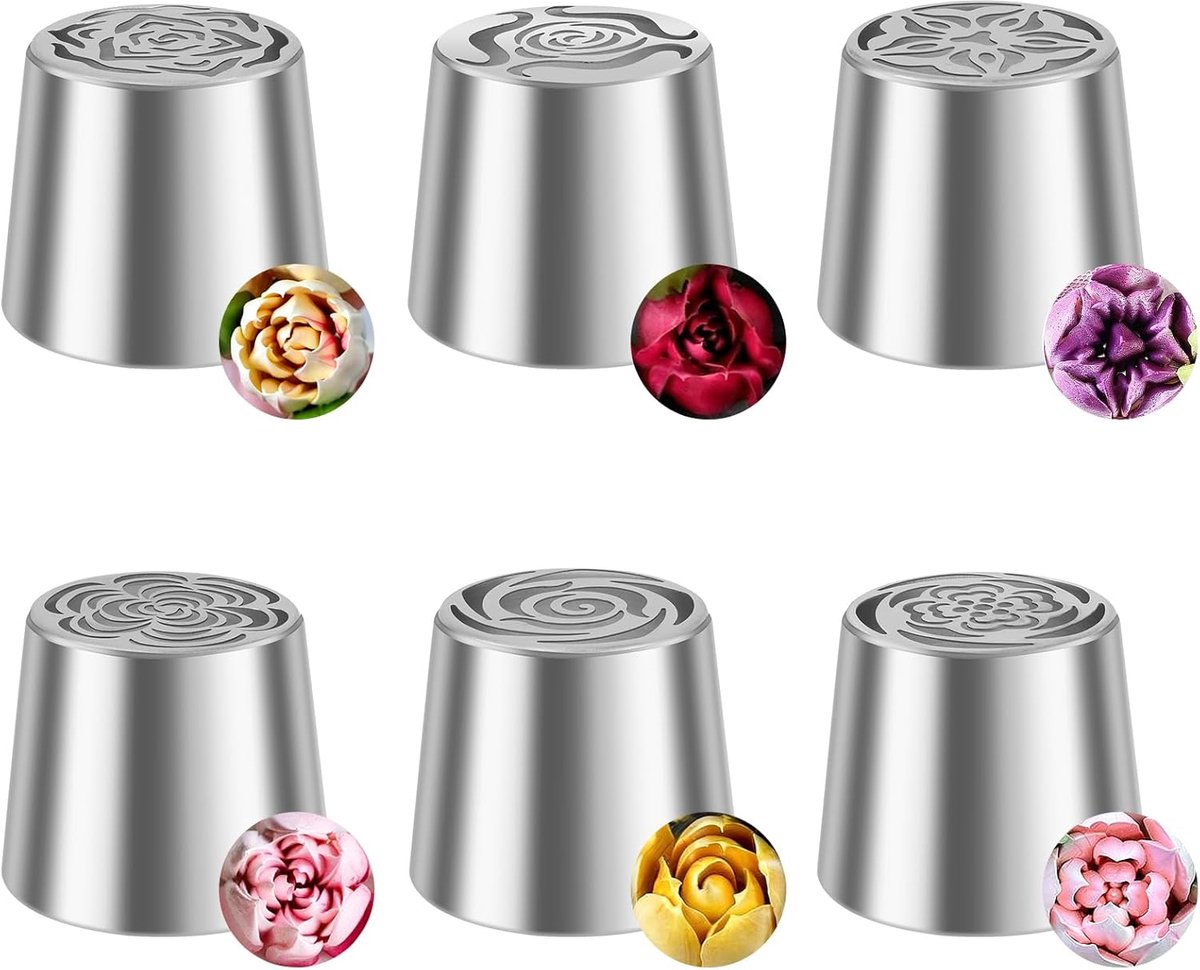 6-delige Russische spuitmondenset, roestvrij stalen bloemen-glazuursproeiers, spuitmonden, bloemenboeket voor taartdecoratie, cupcakes, koekjes, desserts, bakgereedschap, 5,5 × 4,4 cm