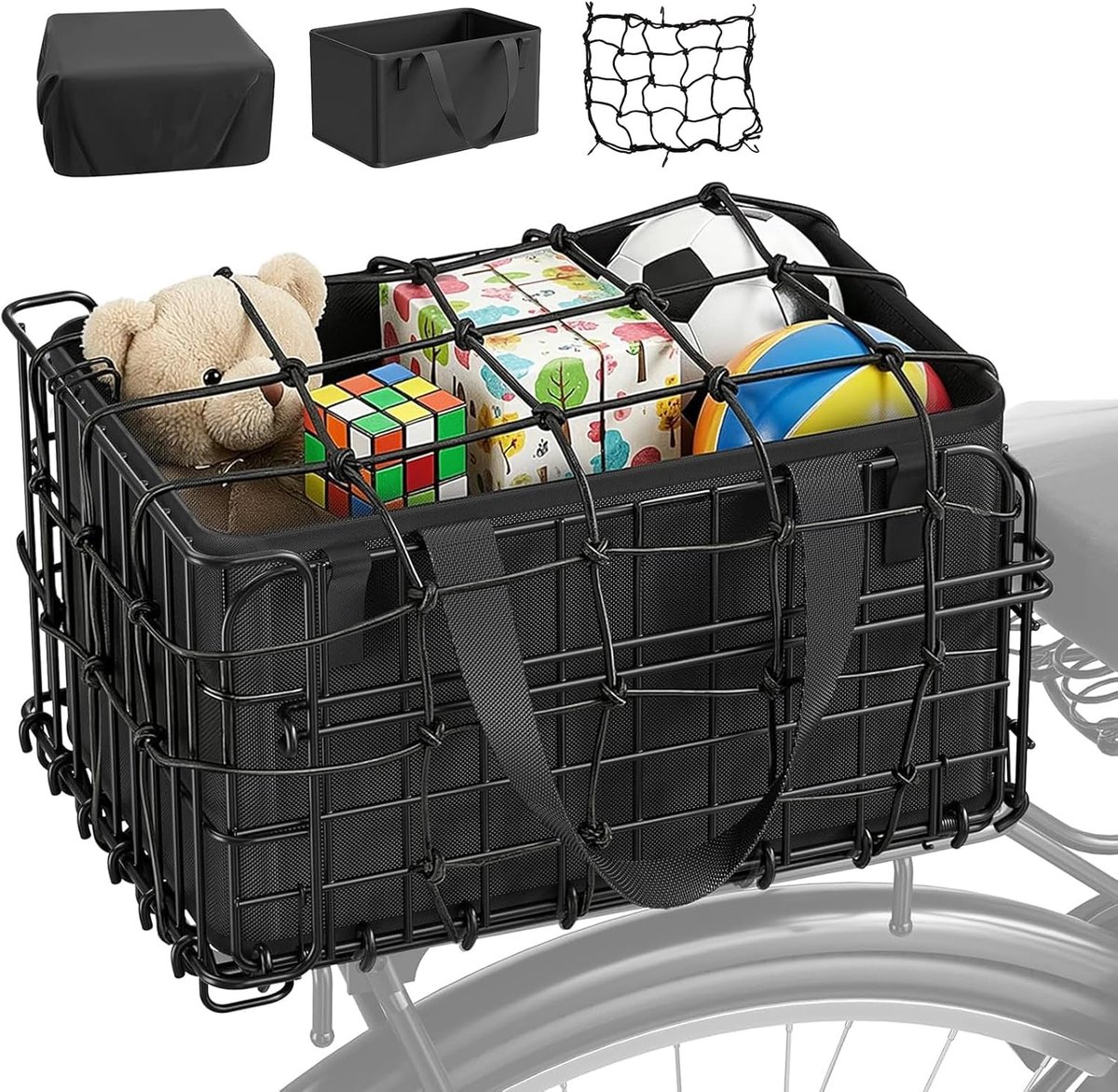 achter, opvouwbare fietsmand met uitneembare binnentas, waterdichte afdekking, netafdekking, bagagedrager voor de achterkant, framemand voor het vervoer van huisdieren en boodschappen