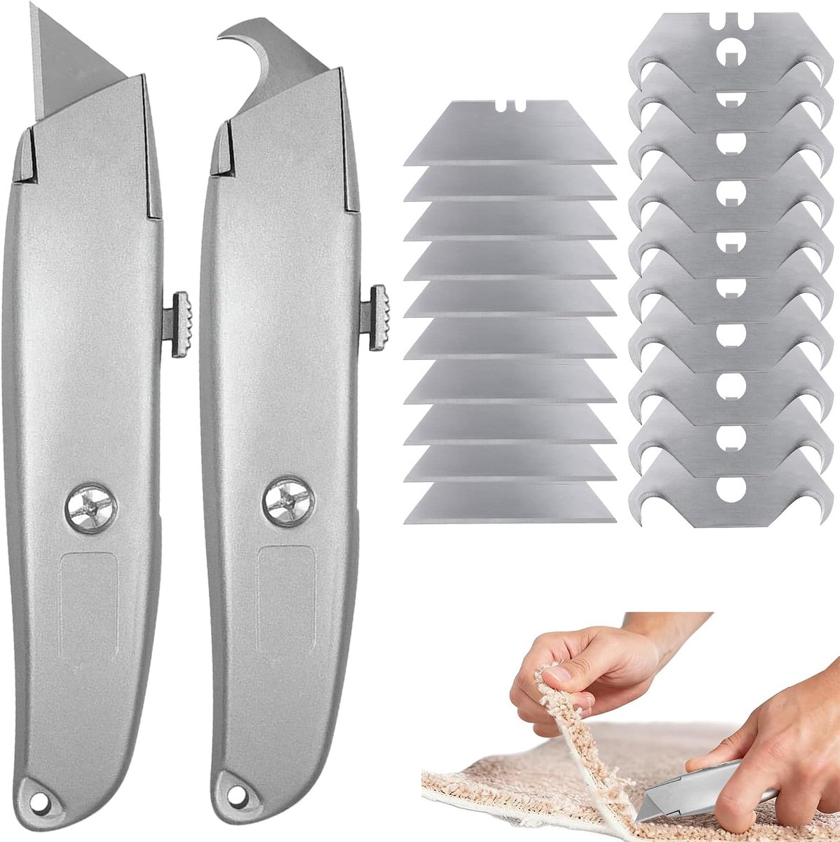 Dolfijnsnijder met Veiligheidsfunctie voor Tapijt en PVC-Vloeren, Cutter voor Trapeziummesjes en Haakmesjes, Set Universeelmessen, Aluminium, 2-delig, met 20 SK5-Legering Mesjes