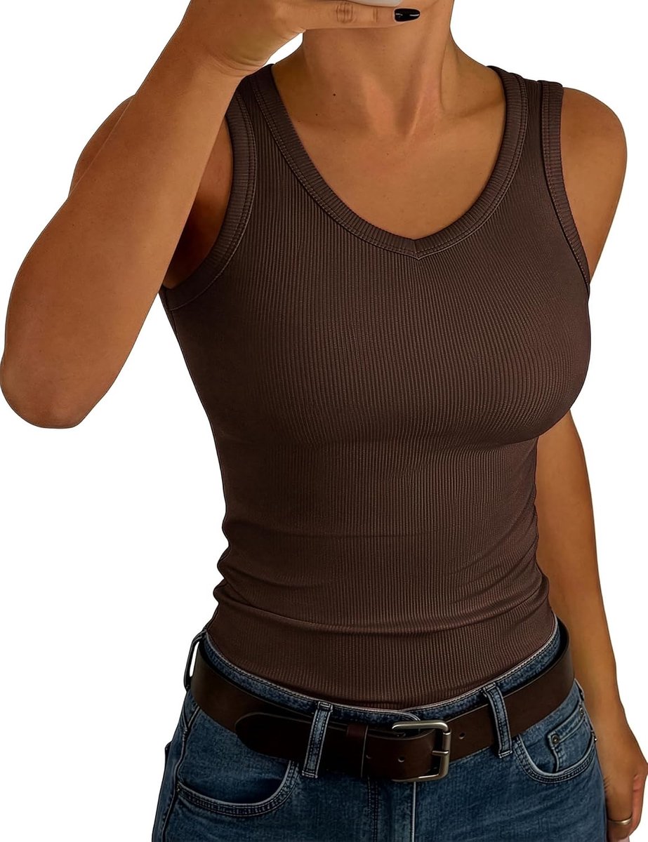Tanktop voor dames, V-hals, slim fit, geribbeld, zomer | Mouwloos, sexy, stretch, basic, onderhemd, casual voor dagelijks gebruik, vrije tijd, effen kleur