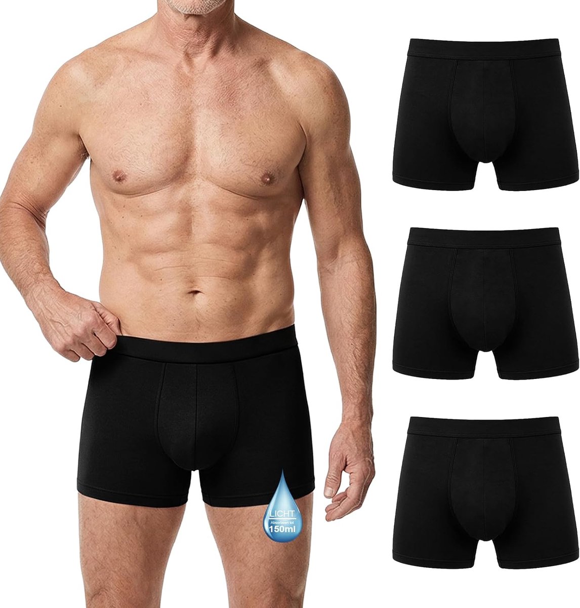 Heren Incontinentie Ondergoed Katoen: Wasbare Boxershorts met Lekbescherming 150 ml Herbruikbaar voor Nacht Ouderen 3-Pack Zwart M