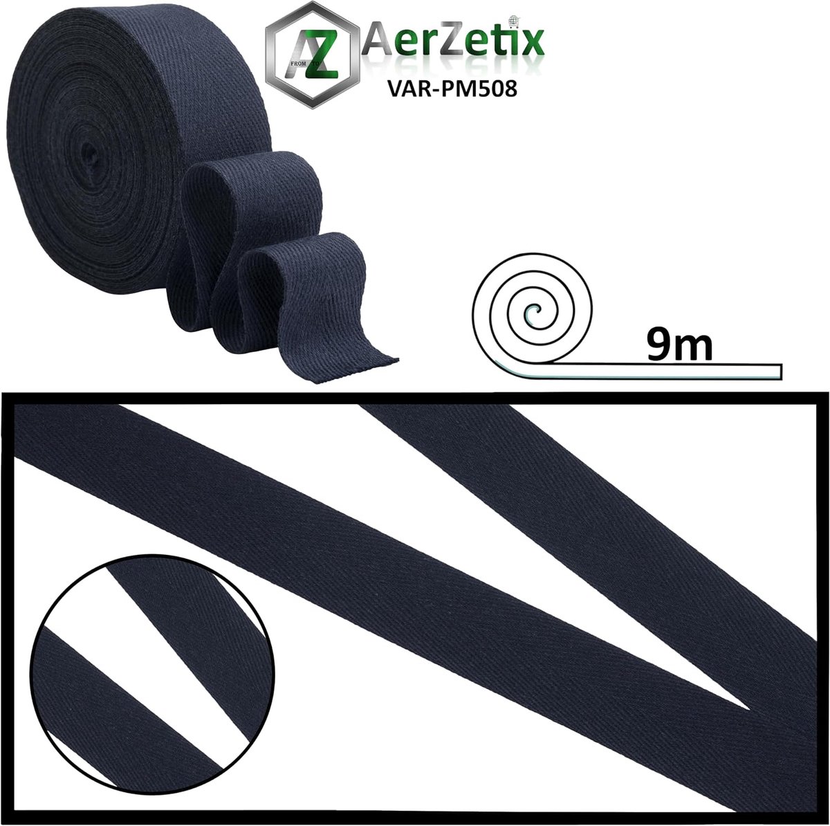 - C77634 - Twillband met visgraatpatroon, 9 m x 25 mm, 80% katoen en 20% polyester, kleur: donkerblauw