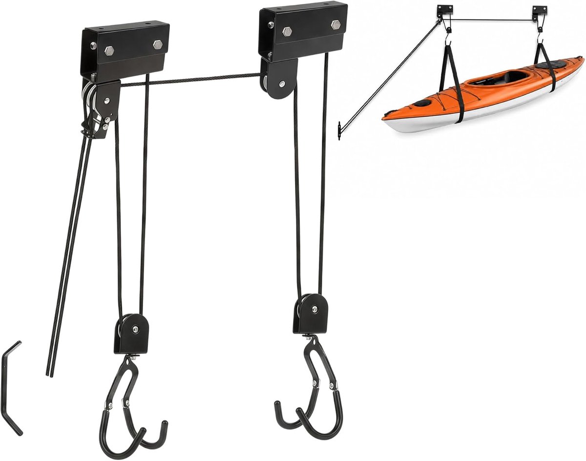 takhijsysteem, 45kg, voor kajak, fiets en ladder, ruimtebesparend | Inclusief touw en haken; eenvoudige montage.