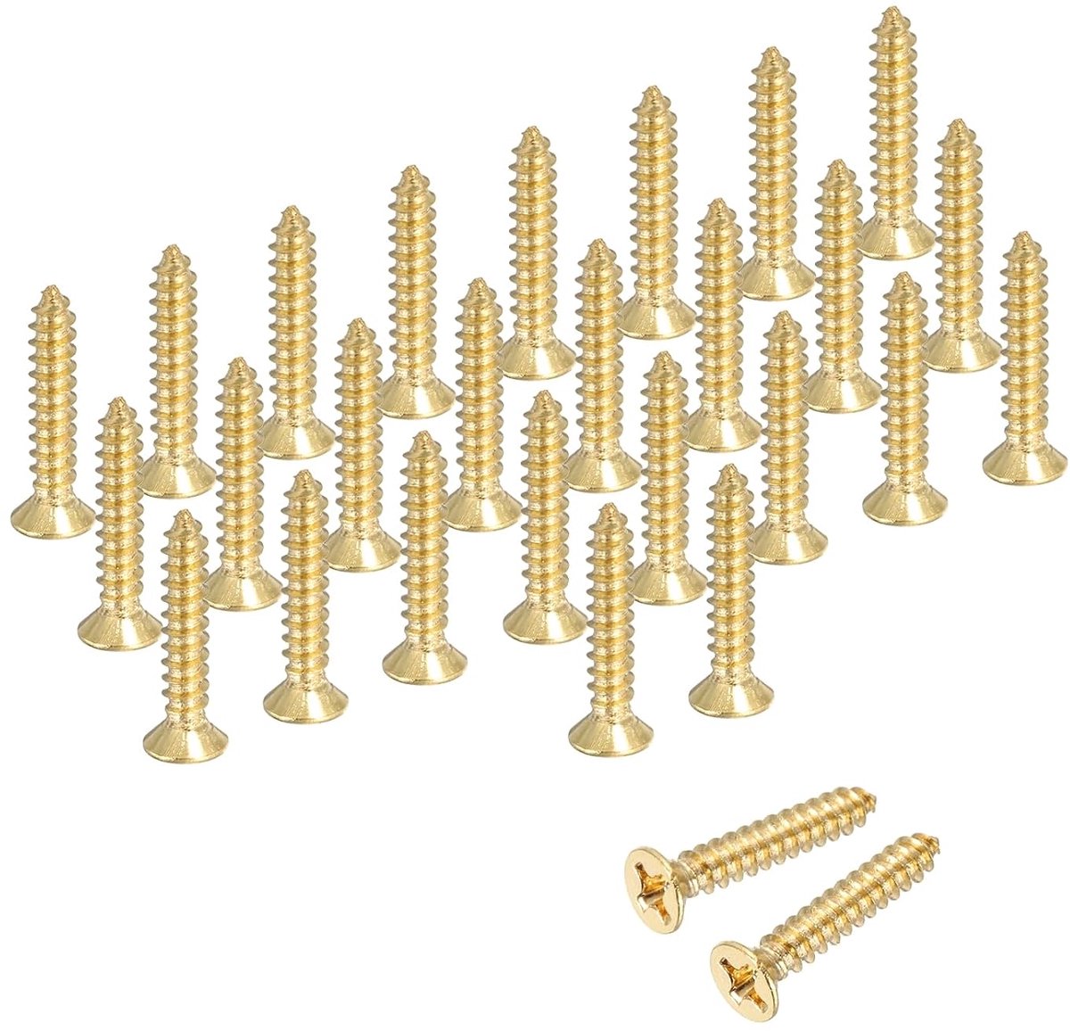 Messing kruiskopschroeven, platte zelftappende messing schroeven voor hout, M3 x 16 mm, meubelverbinders voor deurscharnieren, houtbewerking (goudkleurig, 28 stuks)