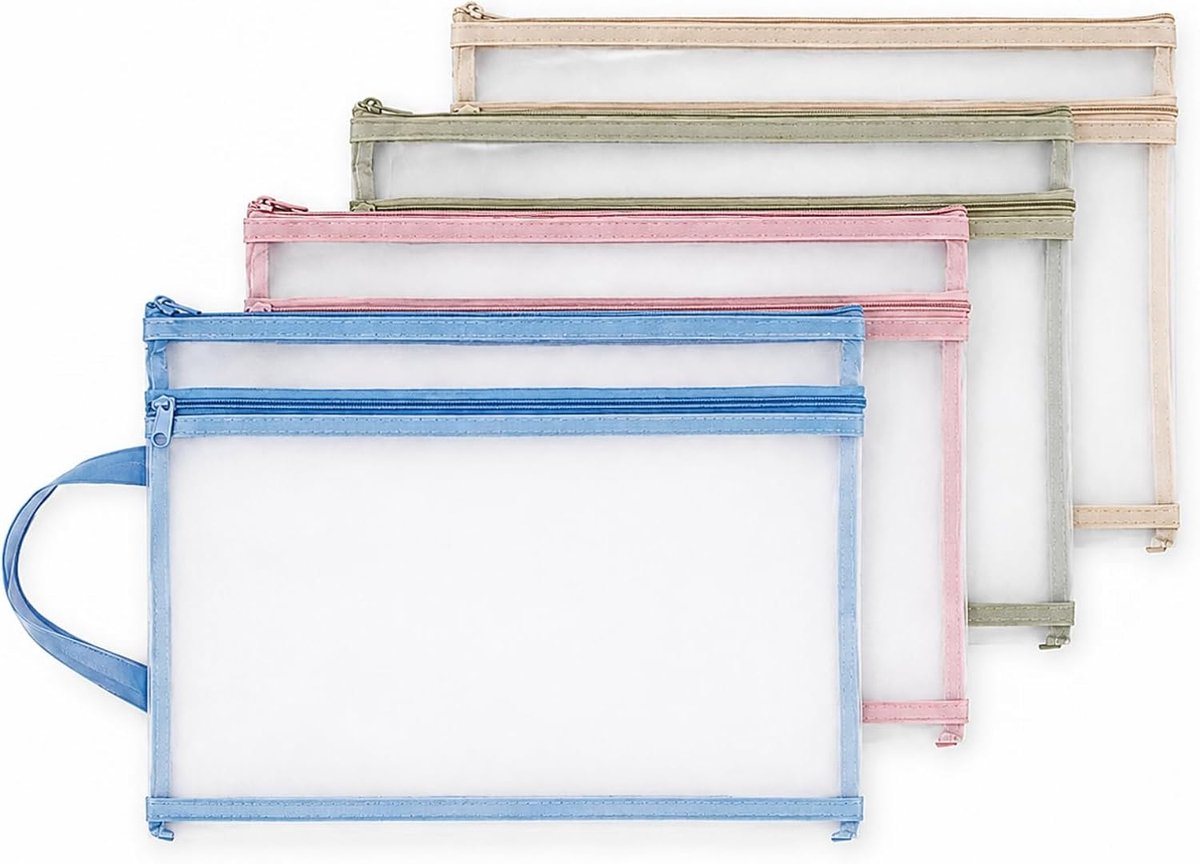 4 x A4 dubbellaagse gaaszakken (blauw/roze/kaki) met ritssluiting - stabiel, vuilbestendig net. Duidelijke orde voor & school. Ideaal voor thuis en onderweg.
