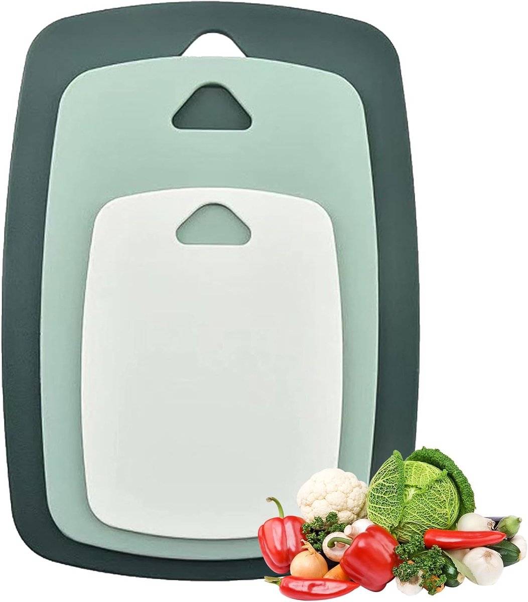 3-delige snijplankenset met kleurcodering, BPA-vrije kunststof snijplanken met ophanggaten, antislip, vaatwasmachinebestendig, verschillende maten voor vlees, groenten, fruit en brood