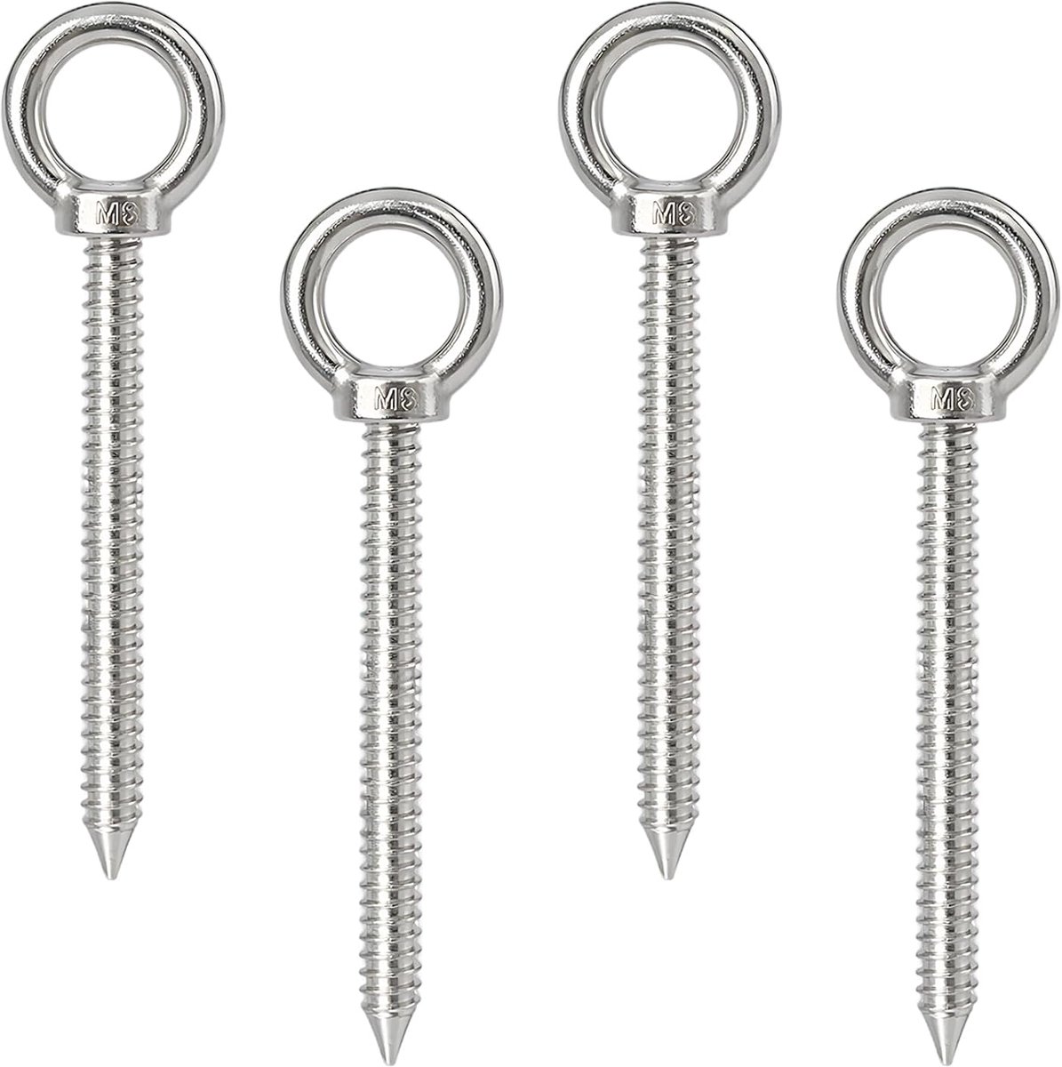 4 stuks ringschroef M8 x 80 mm, 304 roestvrij staal oogschroef, robuuste oogschroef met zelftappende schroefdraad voor hangmatten, luifels, bloemenhangers, touwen en bevestigingen binnen en buiten