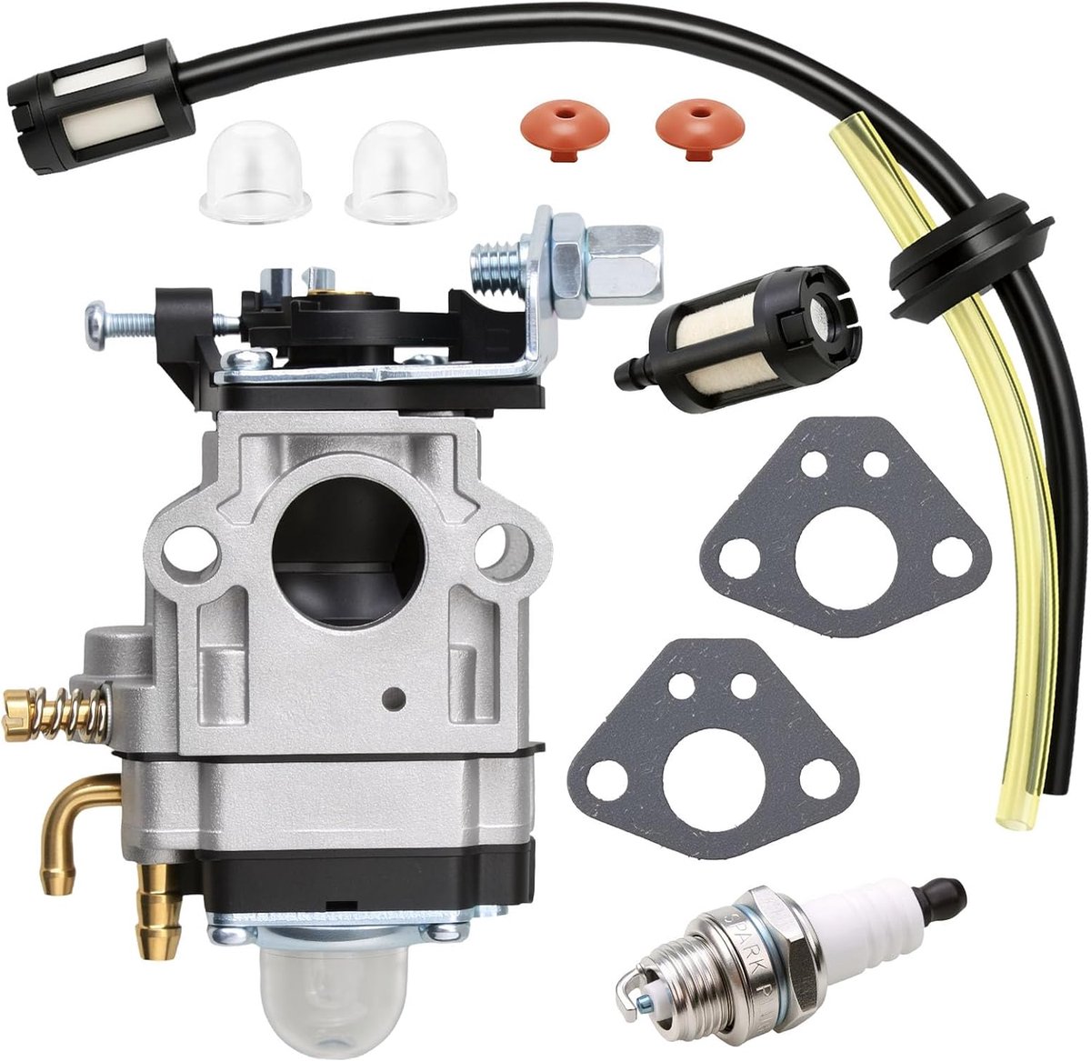 Carburateur voor bosmaaiers van 43cc, 49cc en 52cc; carburateurset voor bosmaaiers met bougie, brandstoffilter, brandstofslang, pakking en primerpomp voor trimmers, heggenscharen en kettingzagen