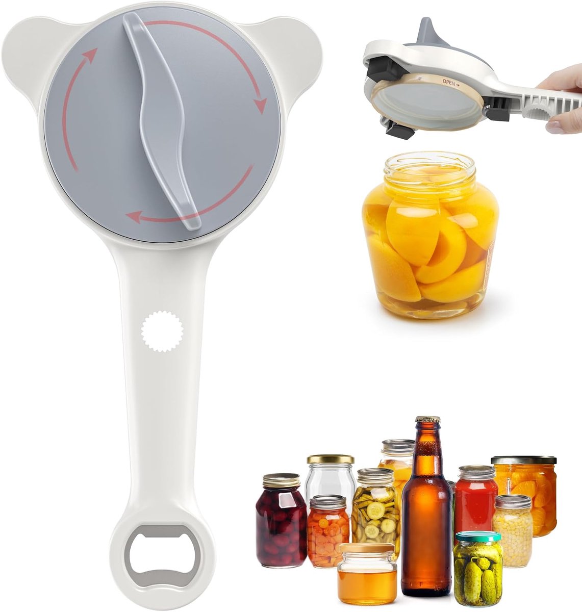 Gripper dekselopener 4-in-1, blikopener handmatig multifunctioneel | opent deksel moeiteloos in maten van 2,5 tot 8,9 cm, blikopener flesopener voor senioren, voor glazen, bierflessen