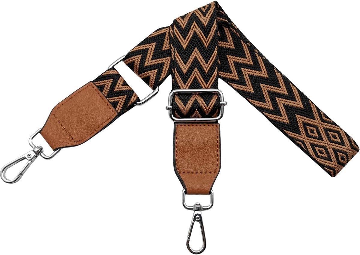 Schoudertasriemen voor tassen, breedte 3,8 cm, lederen schouderriemen met zilveren karabijnhaak, schouderriem voor damestassen, doe-het-zelf accessoires, Zwart/Bruin, 80-130cm