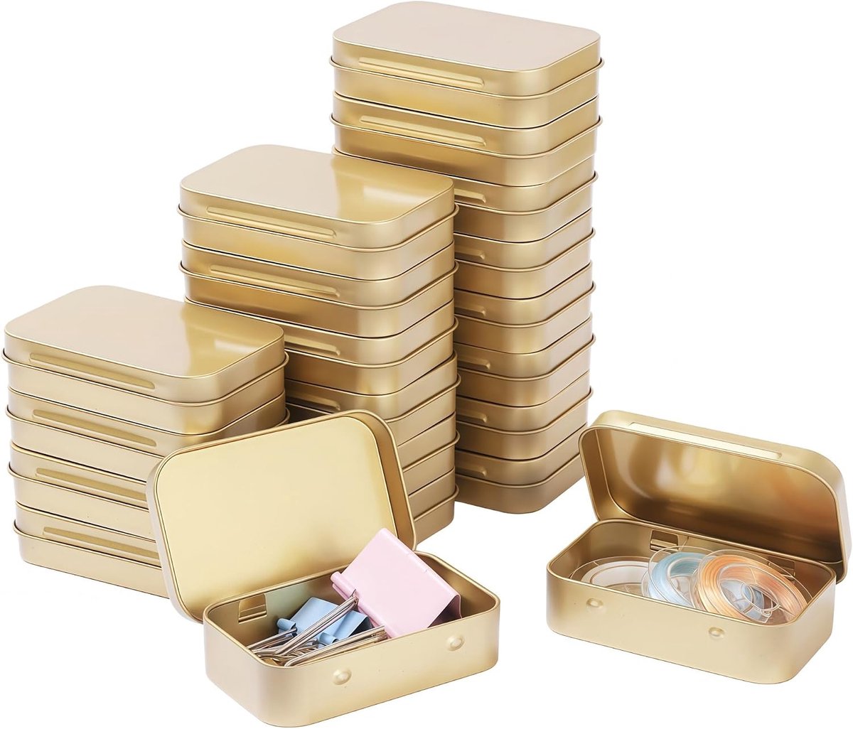 20 Stuks Mini Rechthoekige Gouden Metalen Doosjes met Scharnierdeksel (9,5 x 6 x 2,2 cm) – Kleine Blikken Doos voor Organisatie van Onderdelen, Lege Blikjes voor Doe-het-zelf en Opslag