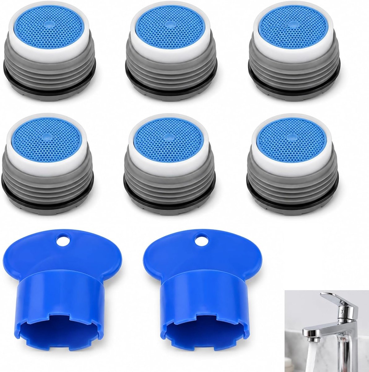 Beluchters M18,5, beluchter kraan M18,5, 6 kraanbeluchters 18,5 mm met 2 sleutels, waterbesparend mondstuk, stroomregelaar voor keuken- en badkamerkranen
