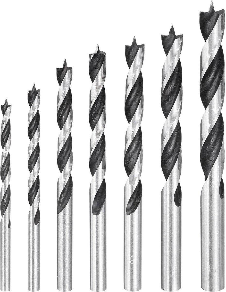 Brad boorset, 4/5/6/7/8/9/10 mm, rechte diameter, ronde schacht, metrisch, brad-boor, spiraalboor, schroefboor voor zacht hout, kleur zilver