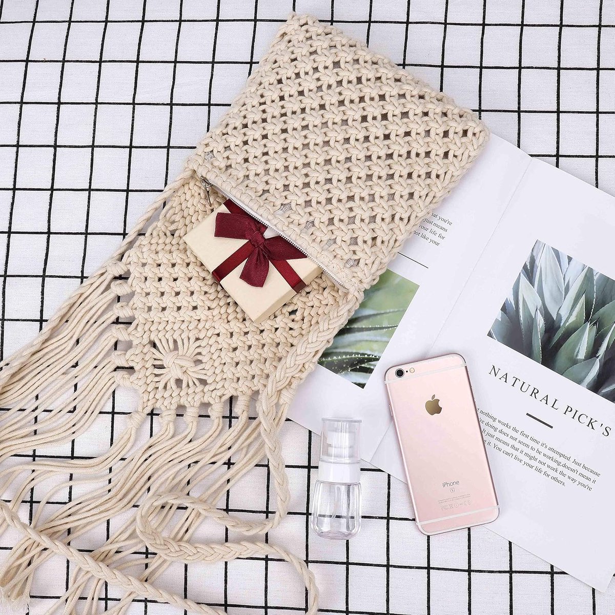 Schoudertas voor dames, Boheemse gehaakt, handgeweven macramétas van katoenen touw met kwastjes, mini-strandtas (beige)