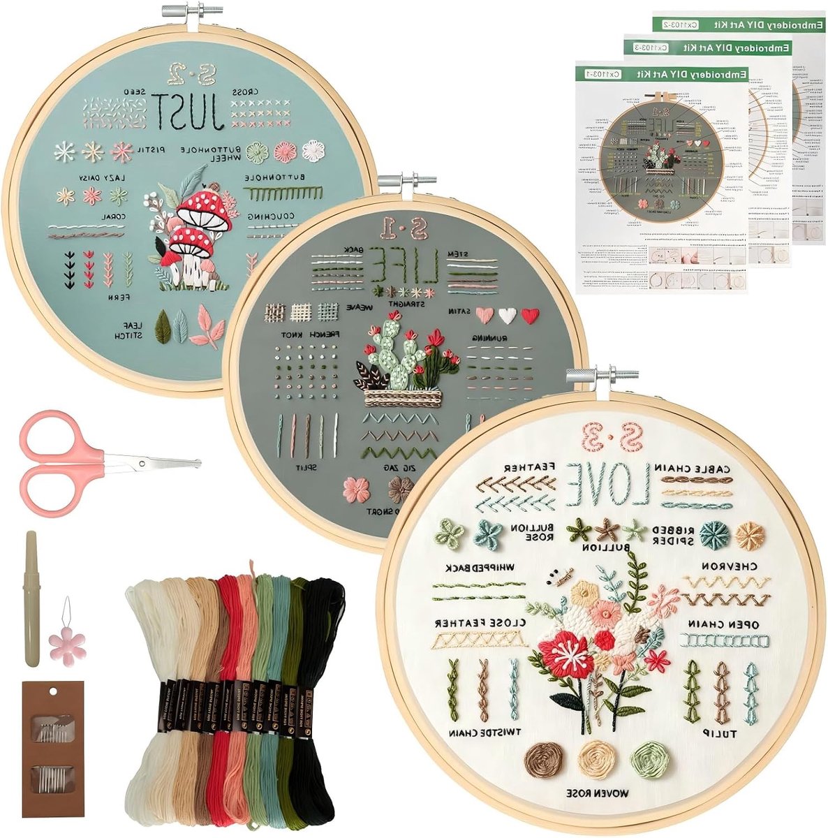 Borduurset voor beginners en volwassenen, borduurlijstset met 3 borduursjablonen, bamboe borduurframe 20 cm, borduurgaren, naalden, schaar en accessoires, doe-het-zelf borduurset om te leren