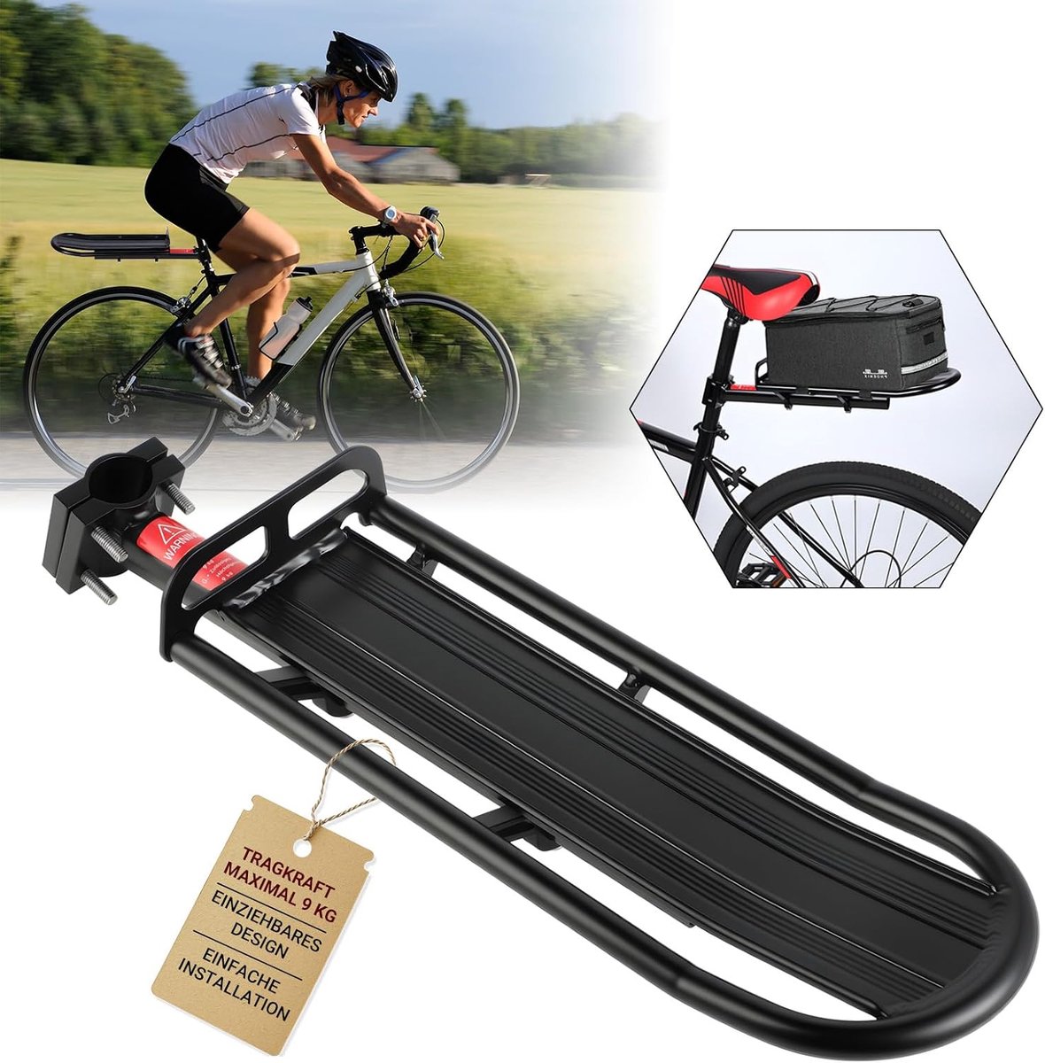 Universele fietsbagagedrager, aluminium fietsbagagedrager, snel verwijderbaar, hoog belastbaar (9 kg) voor MTB, racefiets, e-bike