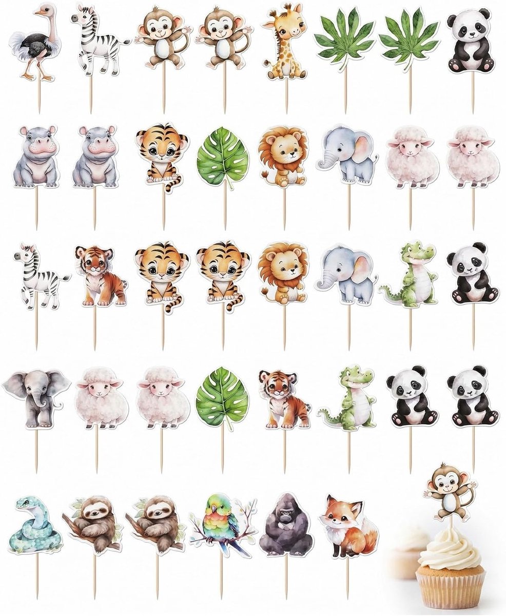 cupcakes en dierentaarten, jungle safari, 40 stuks, 20 designs, decoratie voor verjaardag, kinderen, babyshower en themafeest voor kinderen