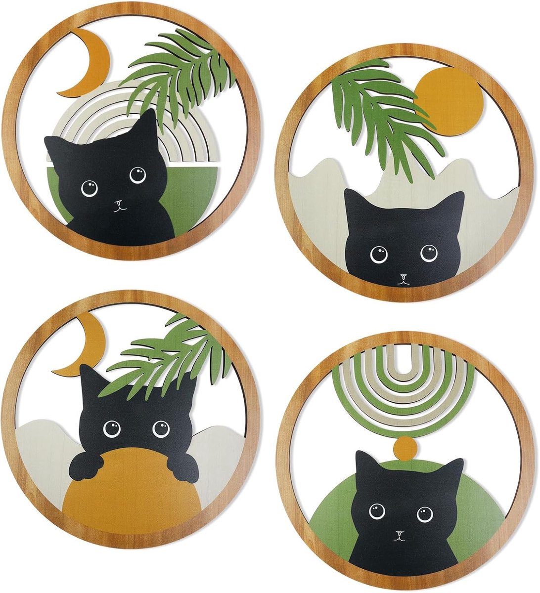 4 stuks Ø25 cm Zwarte Kat Houten Wanddecoratie Boheemse – Ronde Minimalistische Wandkunst Moderne Landelijke Stijl voor Woonkamer