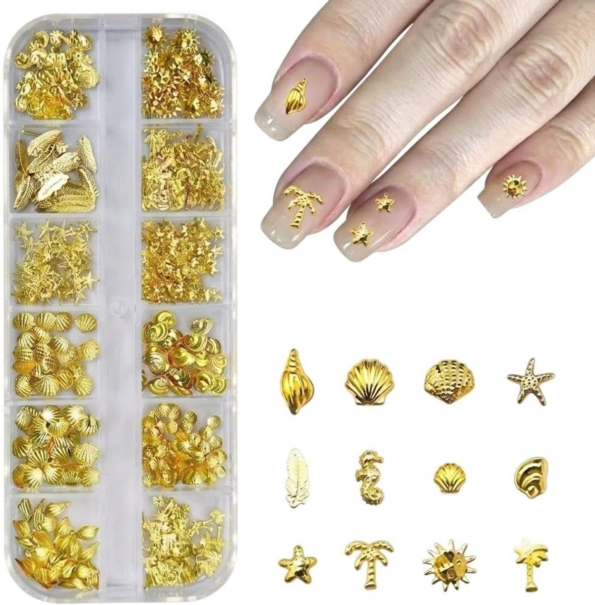 nagelbedels, goud, 1 doos oceaanthema nagelkunst accessoires, strand schelpen klinknagels nagelsieraden voor manicure design, nail art bedelset voor acrylnagels en gelnagels