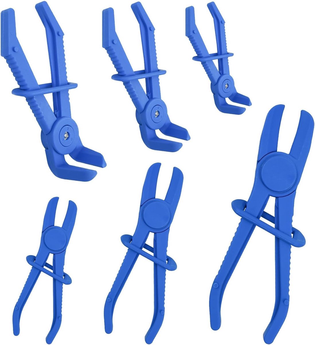 Set van 6 slangklemmen en tang voor auto, bevat klemmen in verschillende maten en blauwe afklemtang voor brandstofslangen