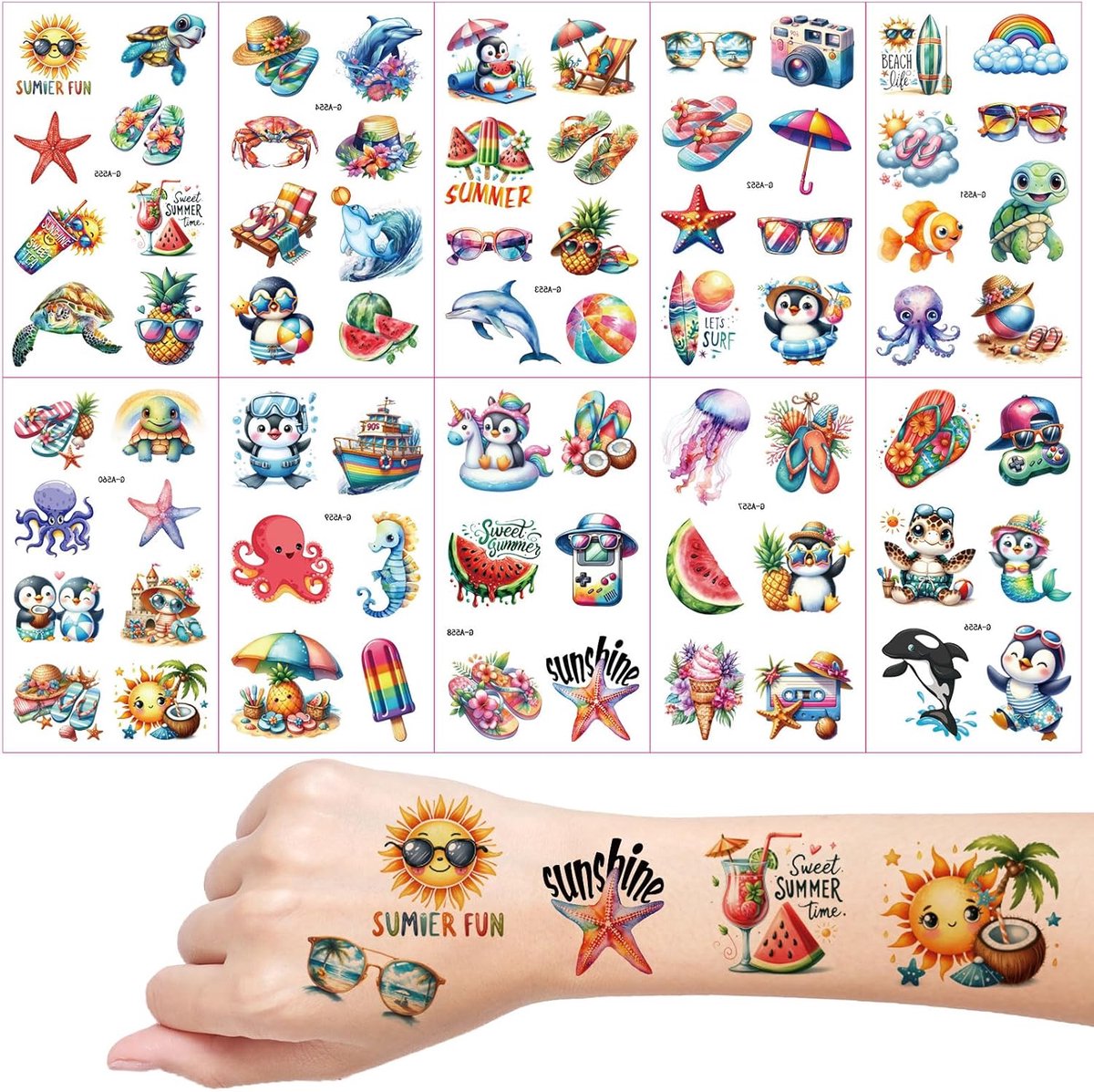 Zomertattoos voor kinderen, 10 vellen waterverf zomer tijdelijke tattoos, kindvriendelijk, vulling voor schooltas, cadeautje voor kinderverjaardag