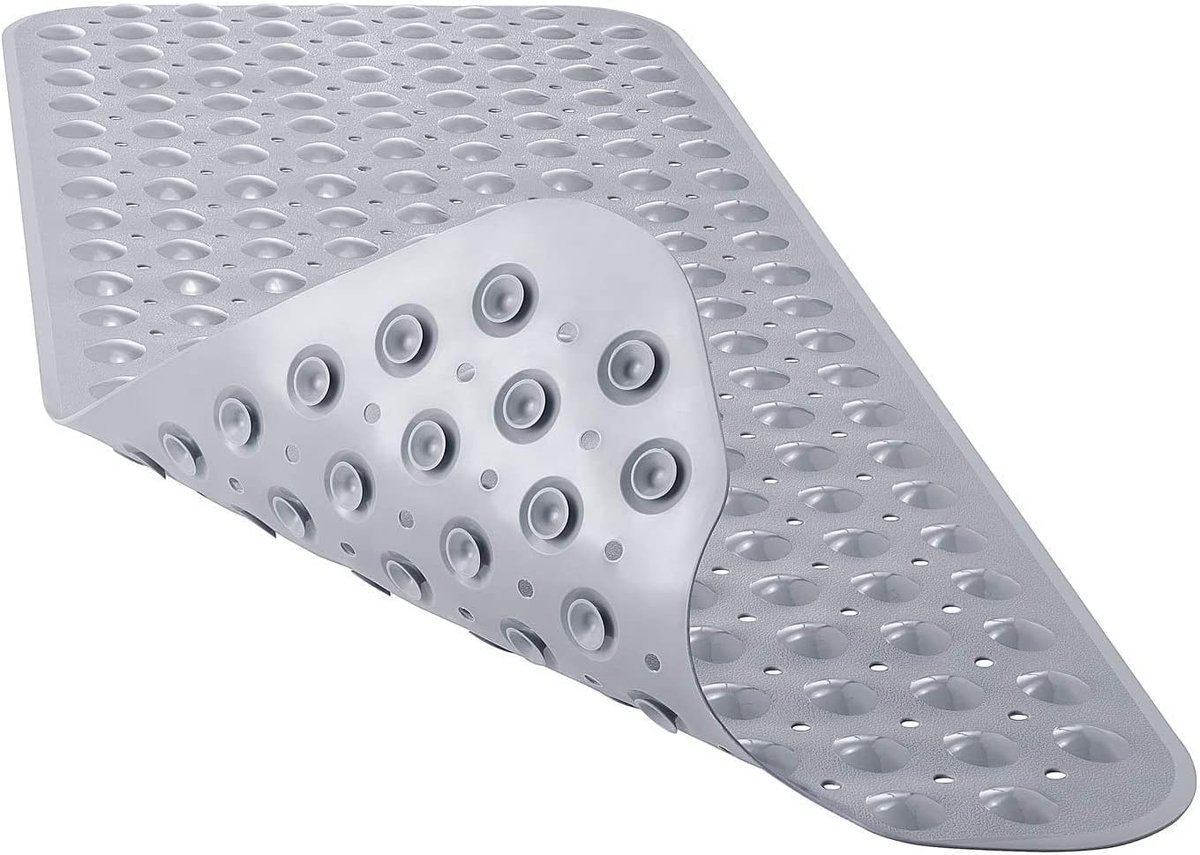 Badmat voor de badkuip, extra lang, met afvoergaten en zuignappen, antislip, machinewasbaar, antislip, grijs, 40 x 100 cm
