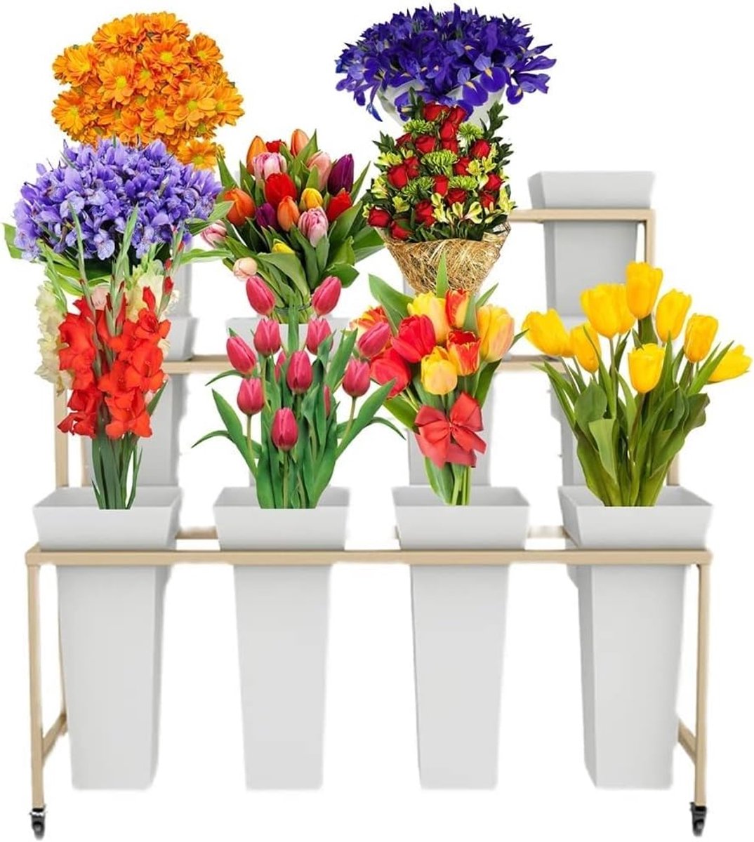 Bloemendisplaystandaard met emmers - 3 lagen 12 emmers, plantenstandaard, mobiele bloemenwinkeldisplaystandaard met wielen, voor binnen buiten patiotuin, woonkamer, bloemist (A)