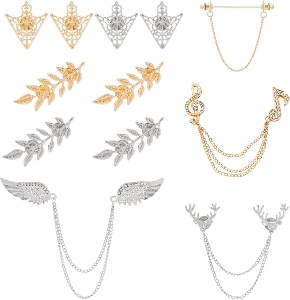 PandaHall 8 Stijlen Kwastje Ketting Broche 12 stuks Kraag Pins Vleugel Dubbele Link Kettingen Tie Clips Ketting Blad Bloem Revers Pin Retro Shirt Kraag Decoratie voor Mannen Vrouwen Shirt Pak
