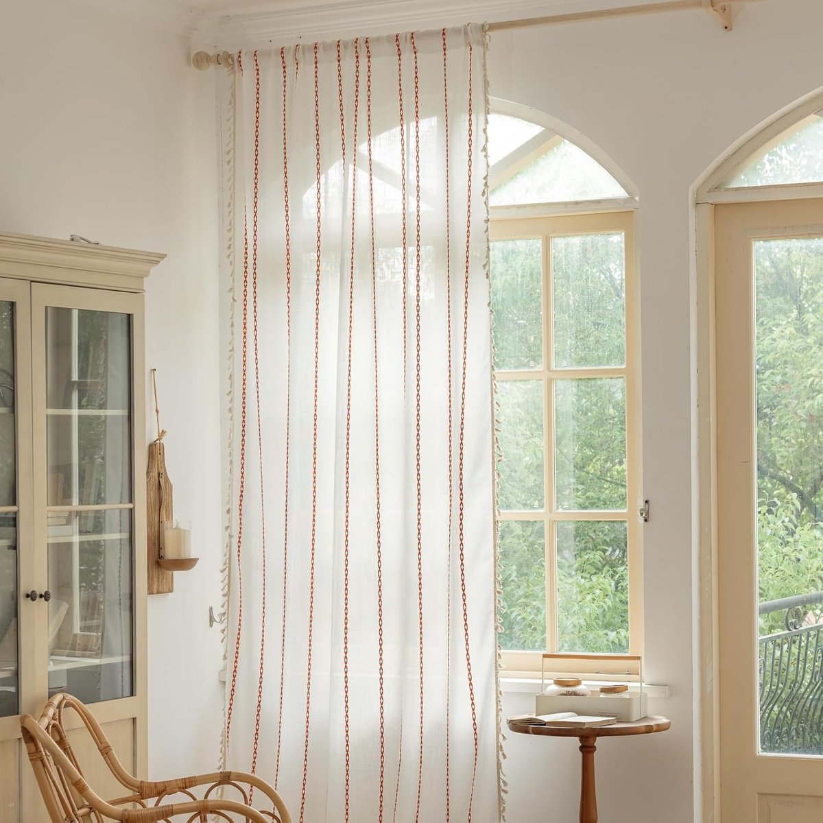 verduisteringsgordijn, keukenraam, gordijnen, voile, schuifgordijnen met plooiband, 40% -70% dekking, 1 stuk (oranje + wit, 160x132 cm)
