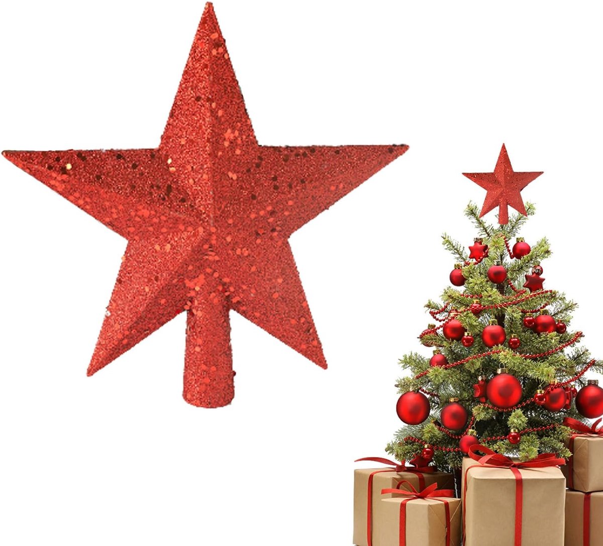 Kerstboomtopper, Rode Kerstboomtopper, Kerstboomtoppers, Perfect voor feestelijke kerstboomversiering (20cm)