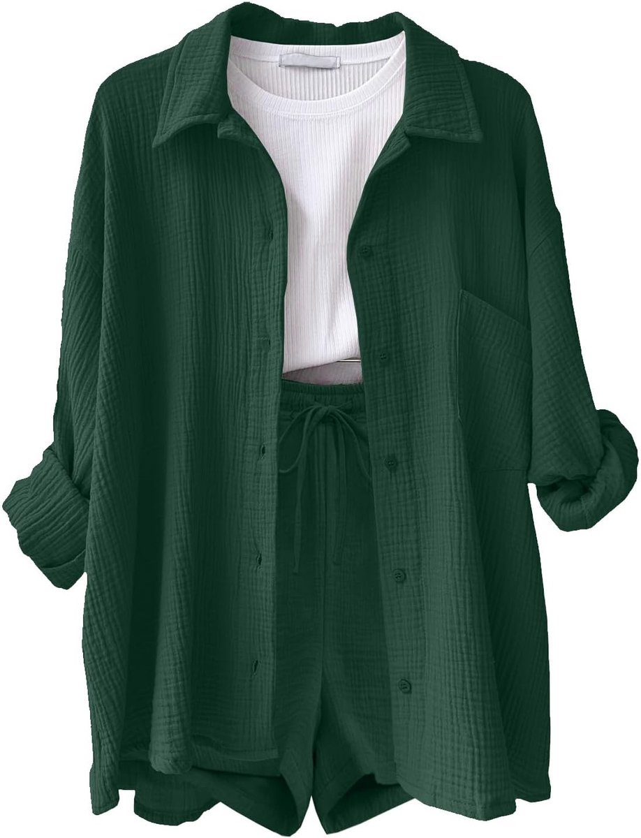 Casual 2-delige overallset voor dames, zomer, sets met korte mouwen van katoen en linnen, overhemden met knopen, mini-broek met trekkoord met hoge taille, set met zakken voor zomer en strand