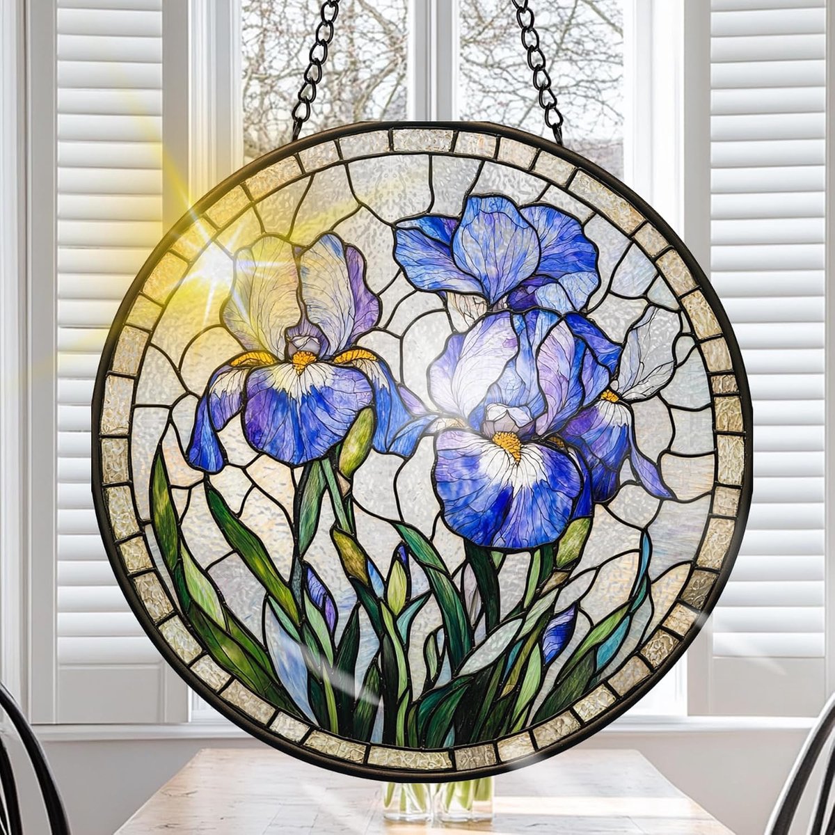Paarse Bloemen Gekleurde Glas Zonnevanger 20 cm, Decoratief Bloemen Glasraam Ornament met Ketting en Ophanghaak, Raamdecoratie voor Venster, Woonkamer, Tuin of Balkon, Cadeau Idee